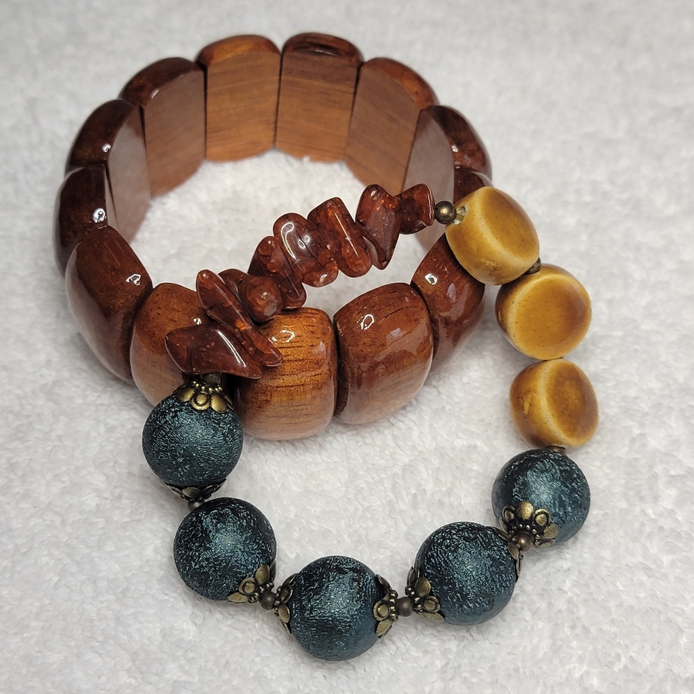 Wooden and Beaded 2 Stretch Bracelets